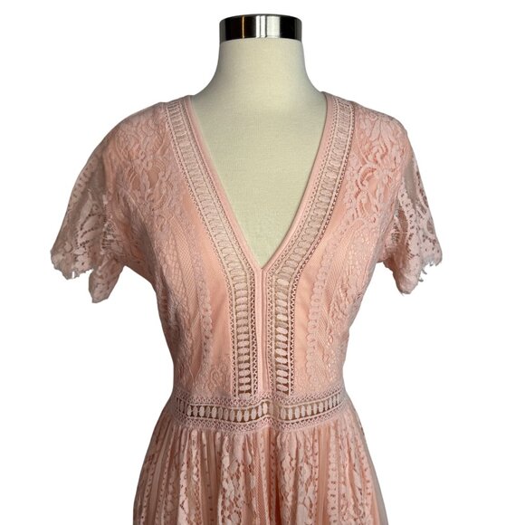 Peach Bohemian Boho Lace V-Neck Maxi Dress Photo Shoot Size Small‎ - Picture 4 of 13